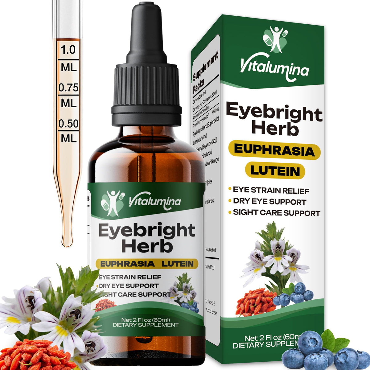 Vitalumina Eyebright Liquid bottle with dropper for daily eye support.