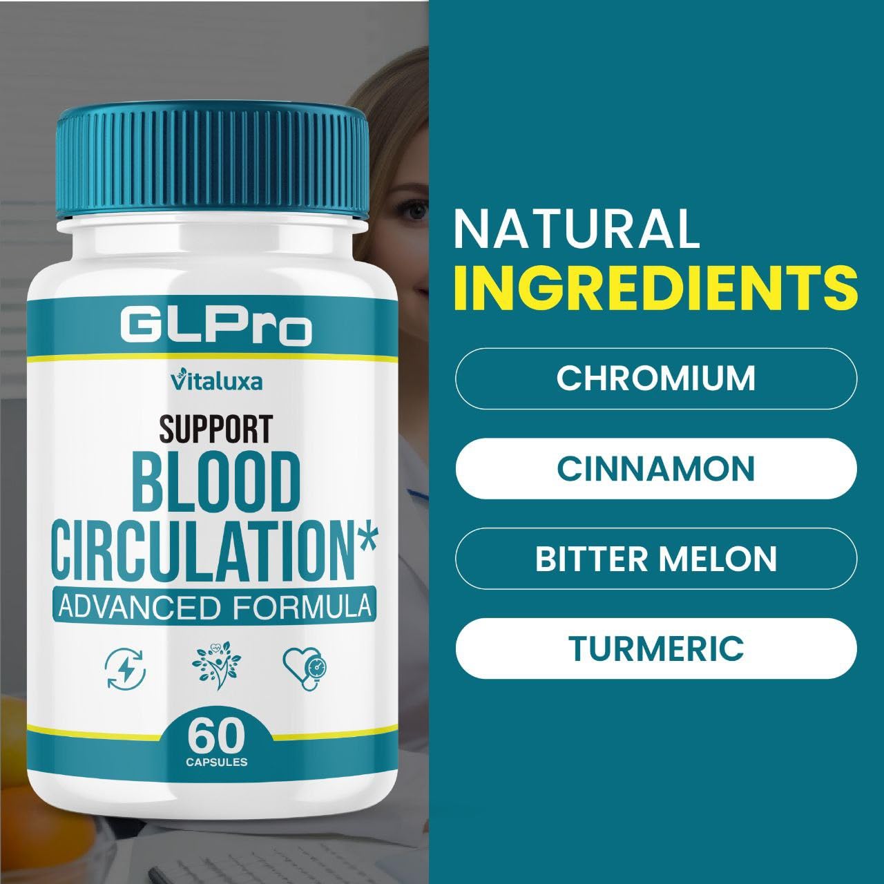 Vitaluxa GLPro bottle label close-up highlighting circulation support.