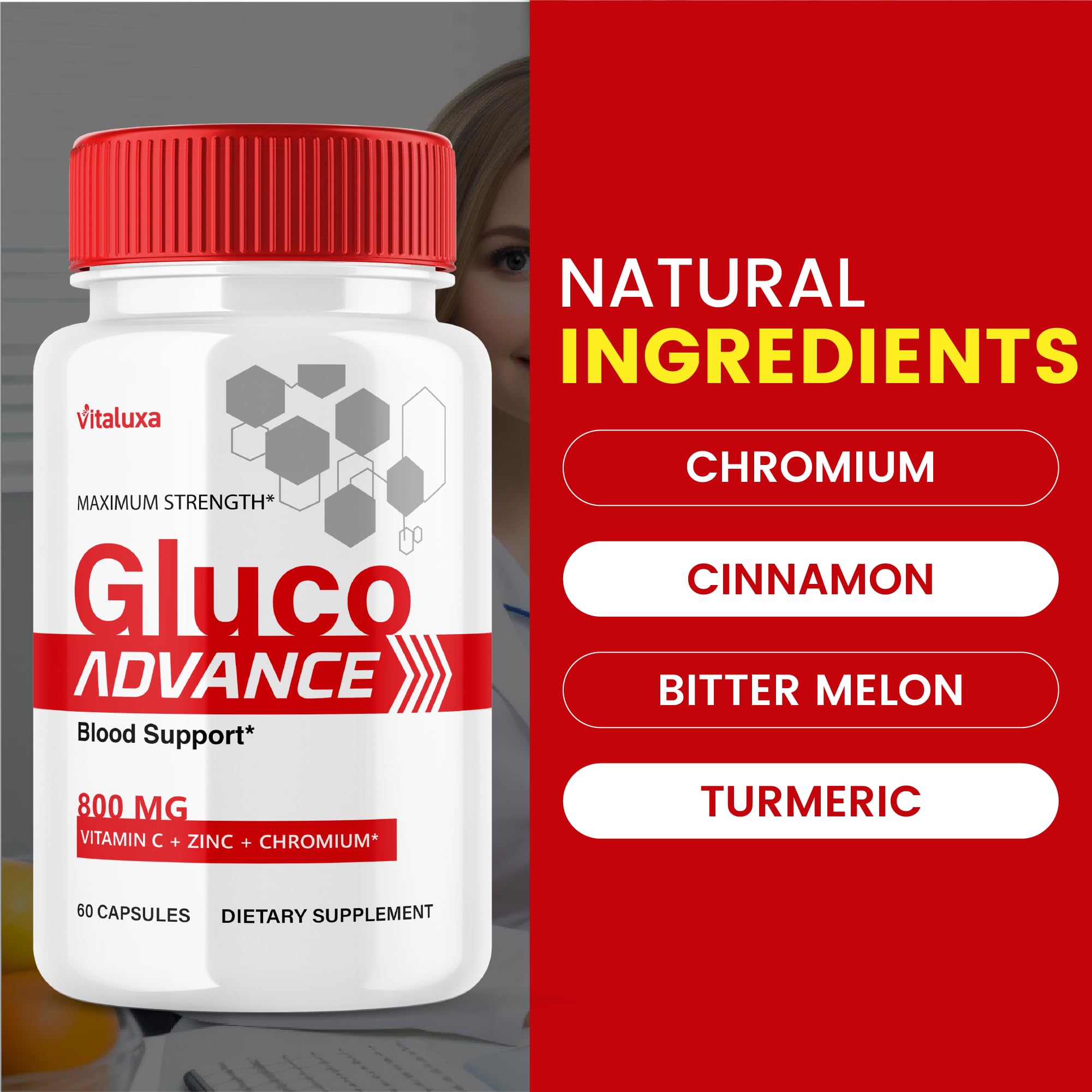 Vitaluxa Gluco Advance bottle dispensing for convenient daily use