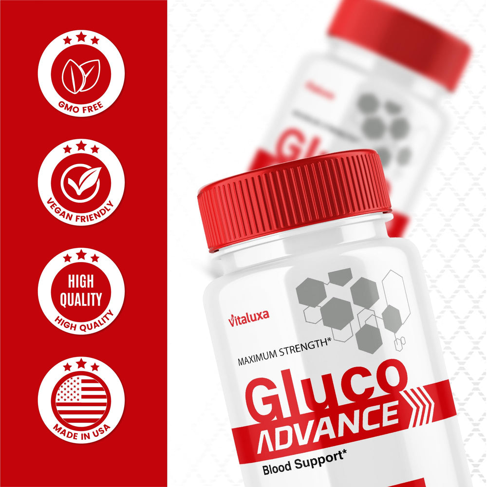Vitaluxa Gluco Advance box and bottle on clean countertop