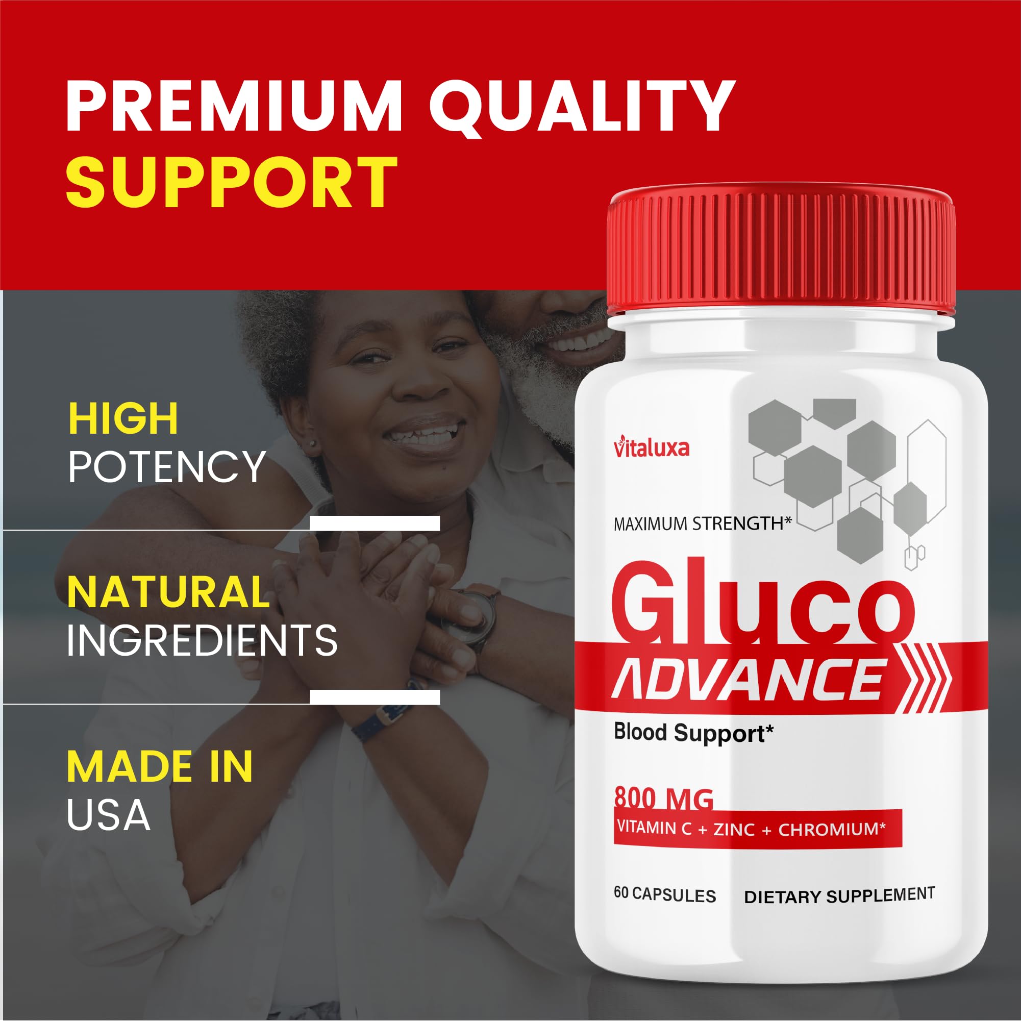 Close-up of Vitaluxa Gluco Advance capsules with premium natural blend