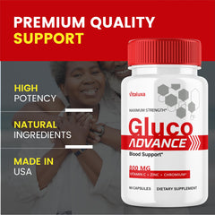 Close-up of Vitaluxa Gluco Advance capsules with premium natural blend