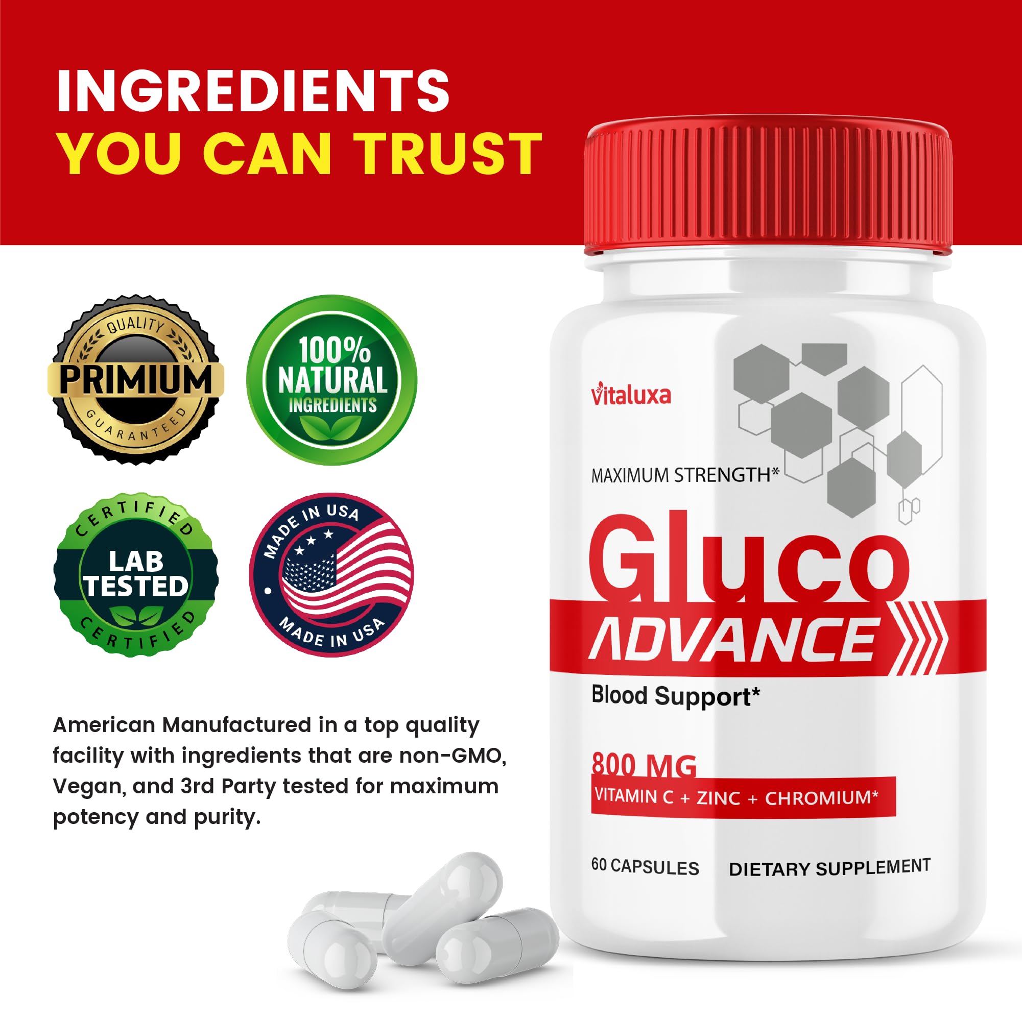 Vitaluxa Gluco Advance ingredients panel emphasizes circulation support