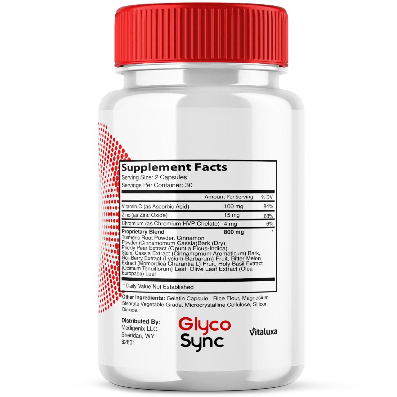 Vitaluxa Glyco Sync Balance bottle on wood counter in a home setting.
