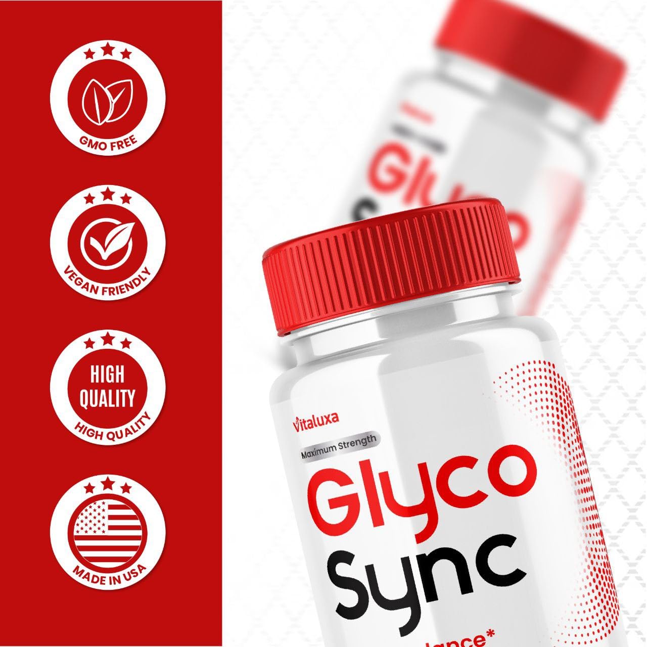Vitaluxa Glyco Sync Balance capsules with measuring scoop for routine use.