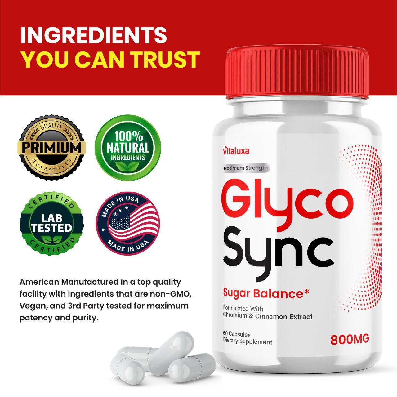 Vitaluxa Glyco Sync bottle with label and packaging stacked for display.