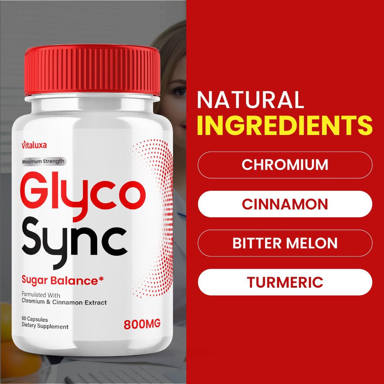 Vitaluxa Glyco Sync label close-up highlights quality and USA manufacturing.