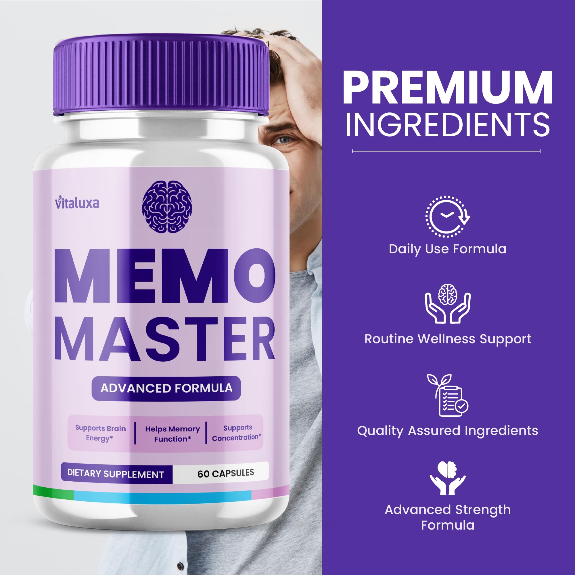 Vitaluxa Memo Master label detail highlighting quality ingredients