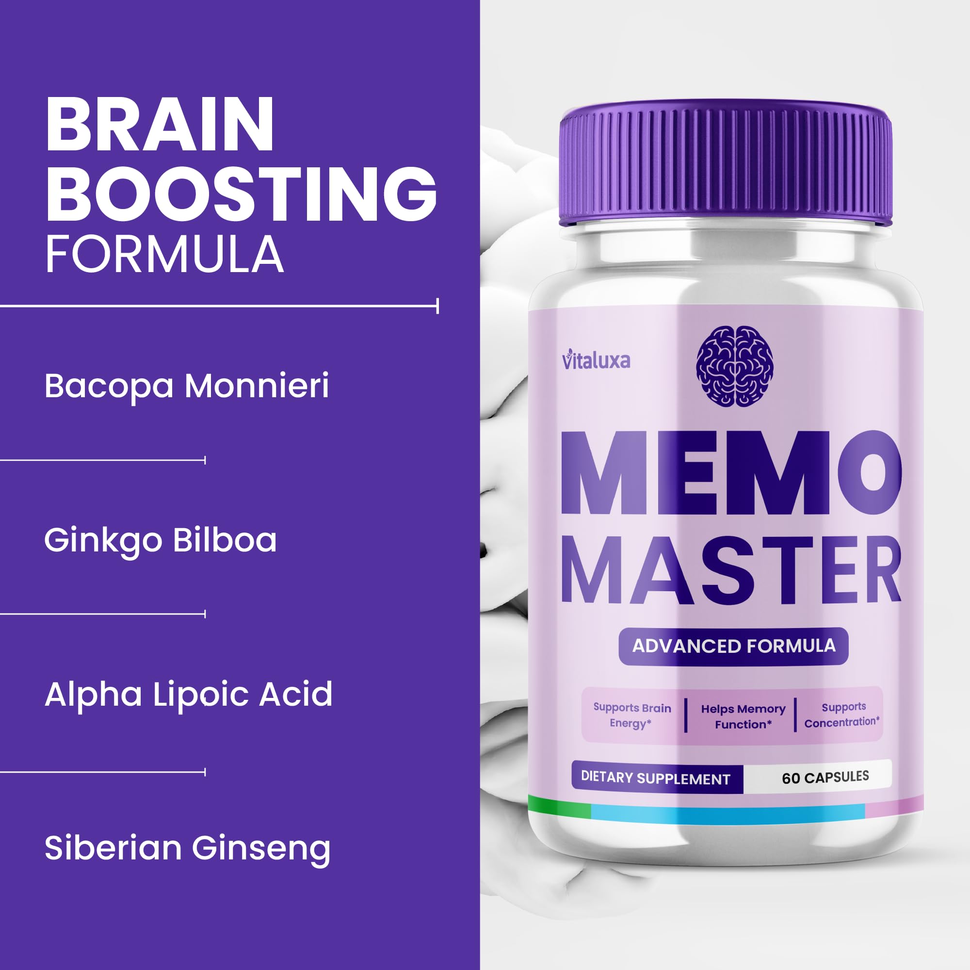 Vitaluxa Memo Master packaging opened to reveal capsules