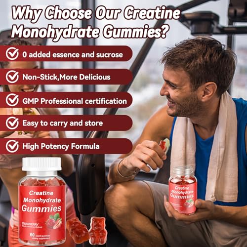 Vitaluxy Creatine Monohydrate Gummies close-up shows strawberry flavor for tasty energy support.