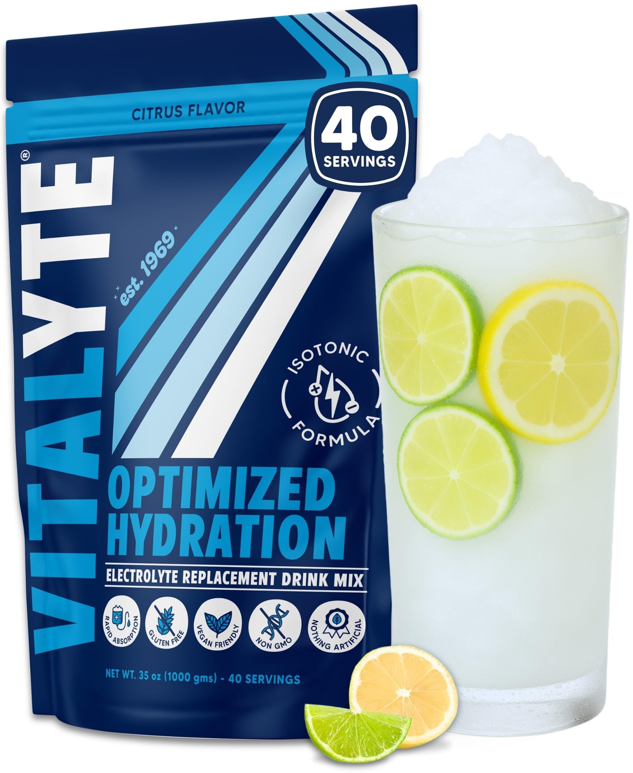 Vitalyte electrolyte powder packet close-up showing clean, non-GMO formula for hydration.