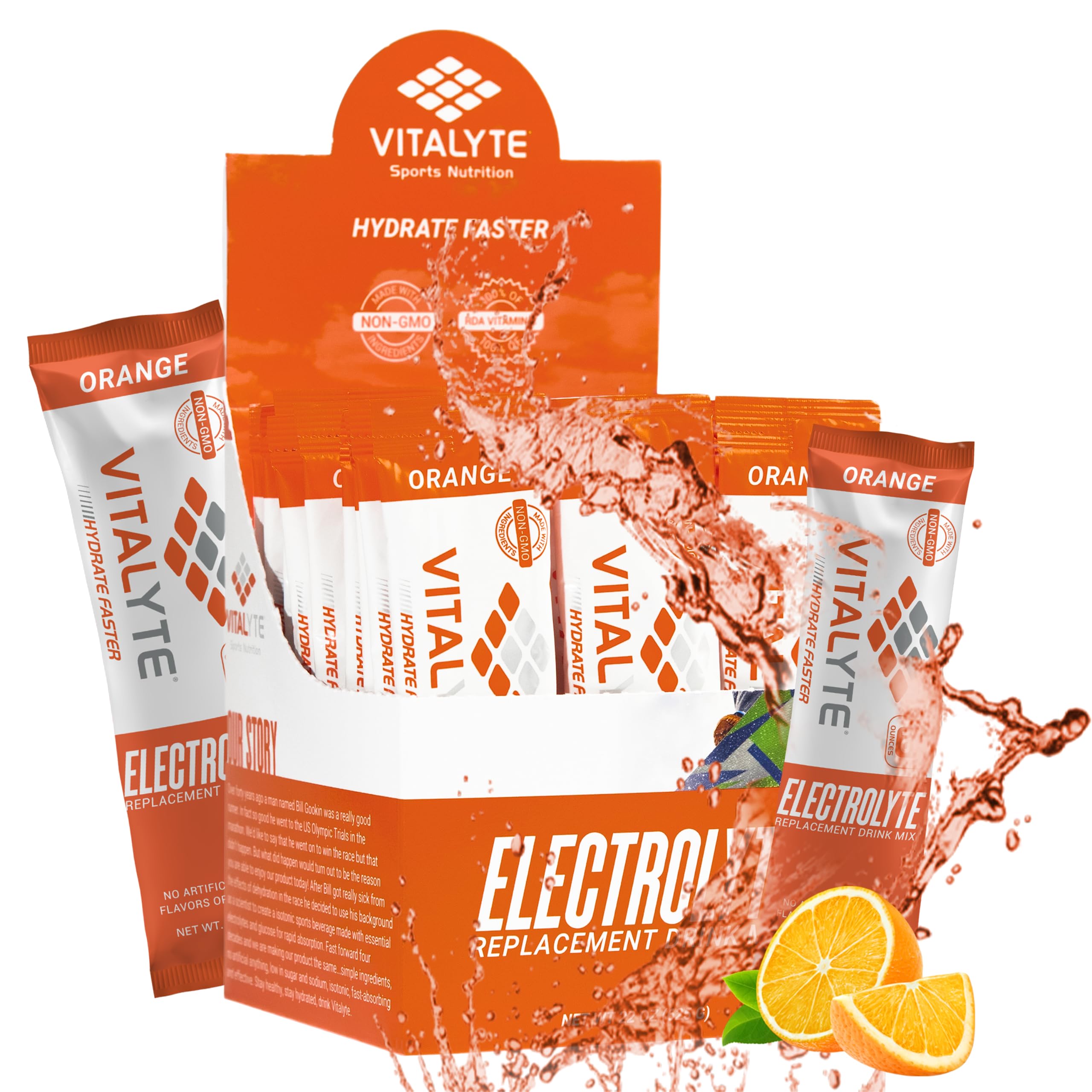 Vitalyte orange electrolyte packets front view for quick hydration on the go.