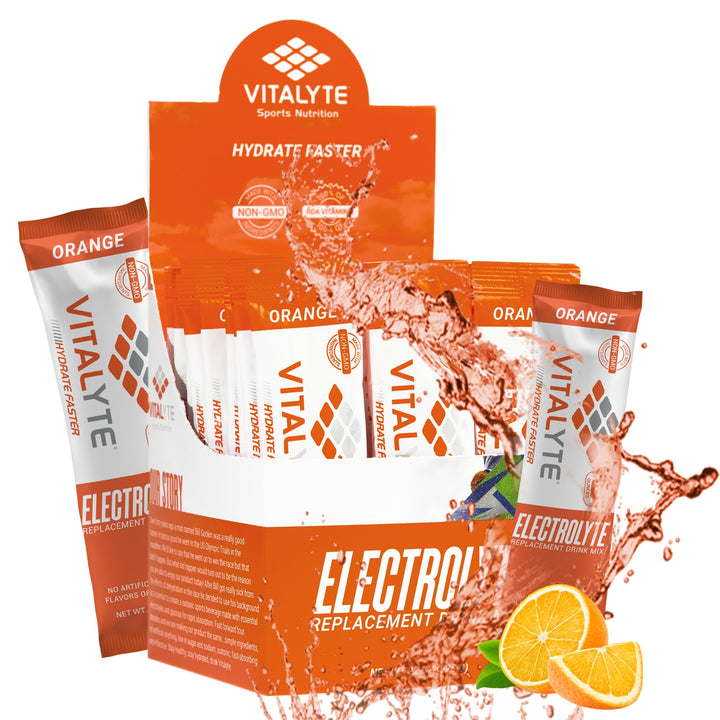 Vitalyte orange electrolyte packets front view for quick hydration on the go.