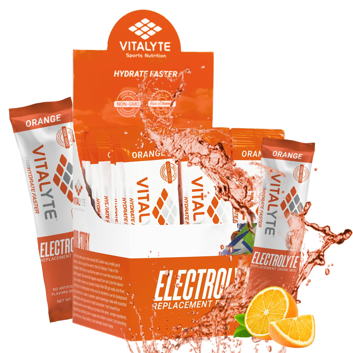 Vitalyte orange electrolyte packets front view for quick hydration on the go.