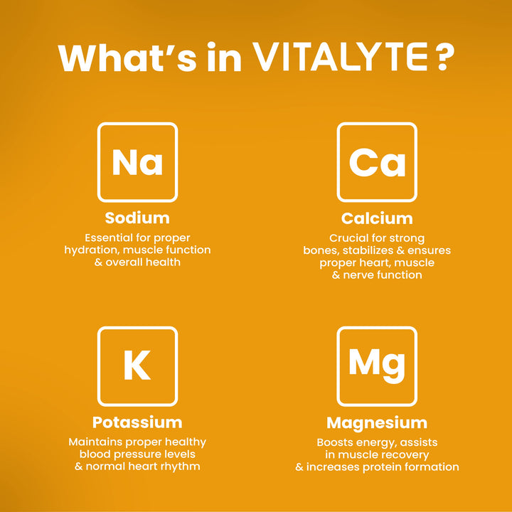 Vitalyte orange powder dissolving in water to boost electrolyte balance.
