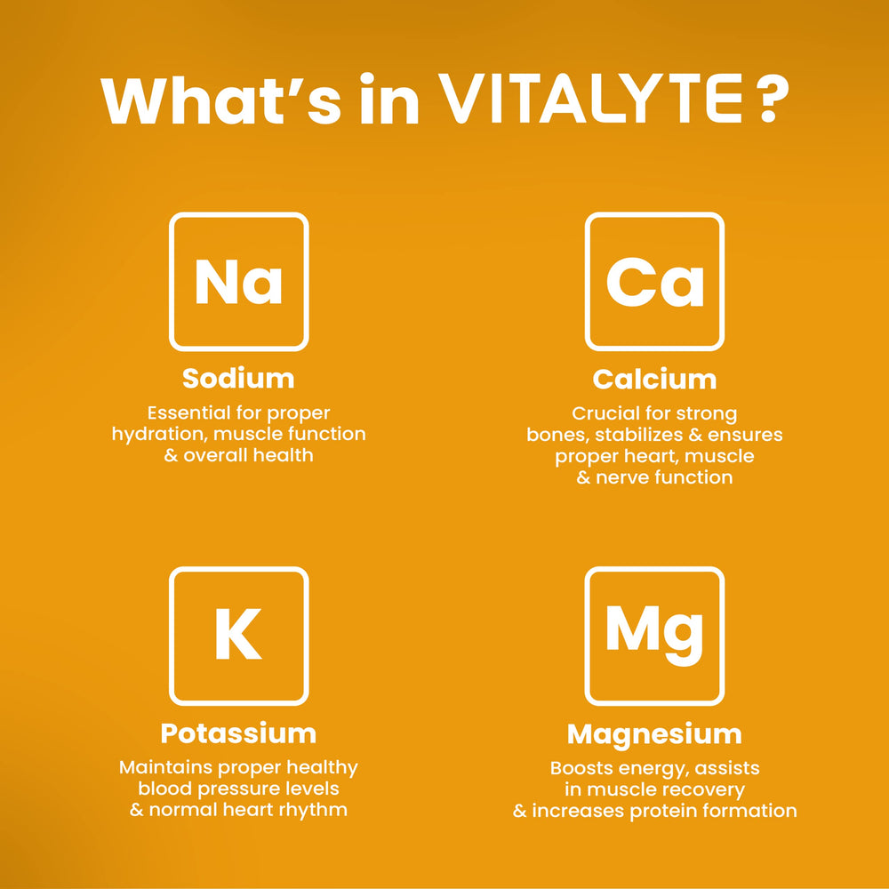 Vitalyte orange powder dissolving in water to boost electrolyte balance.