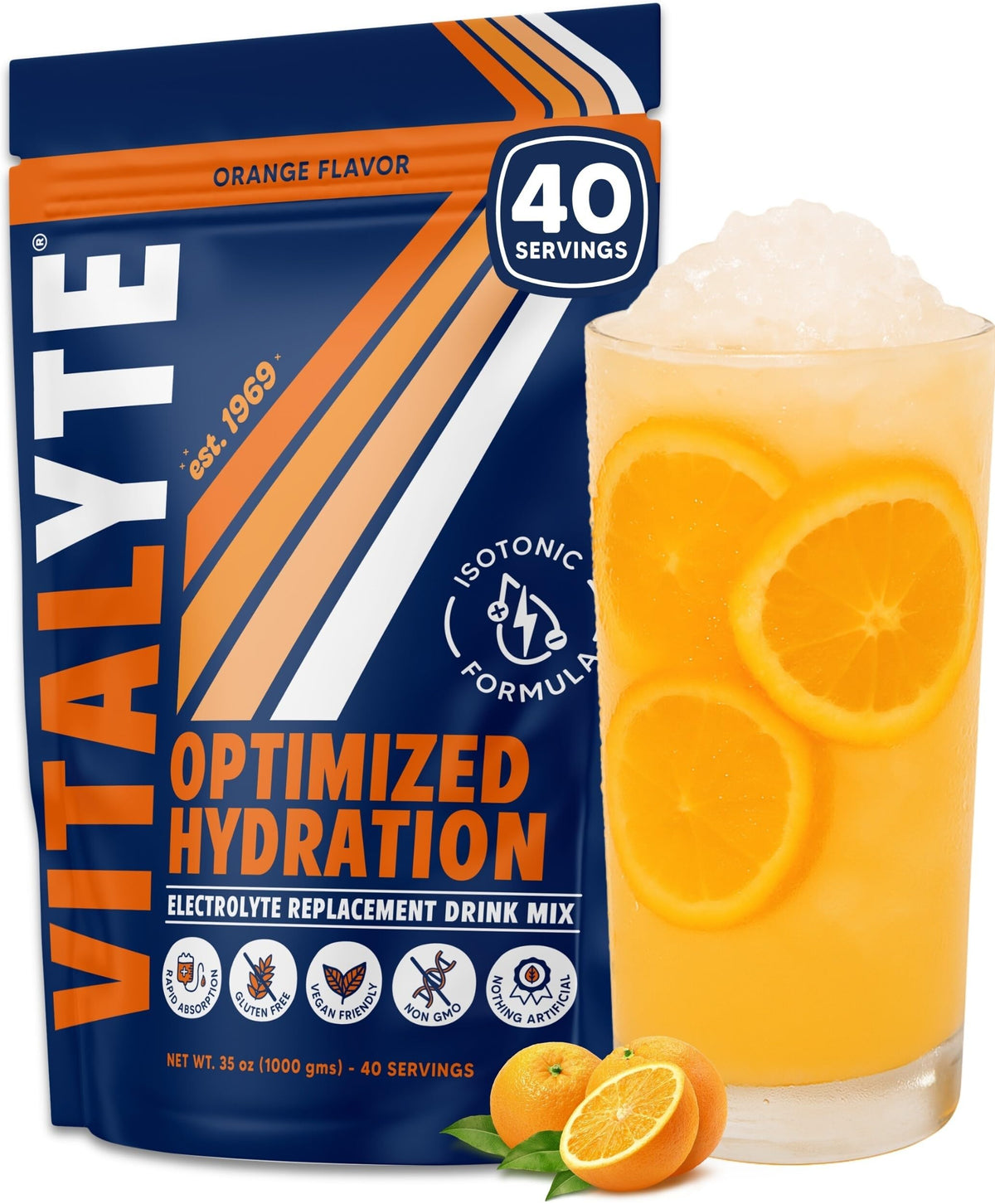 Vitalyte orange powder tub for quick hydration and convenient daily use