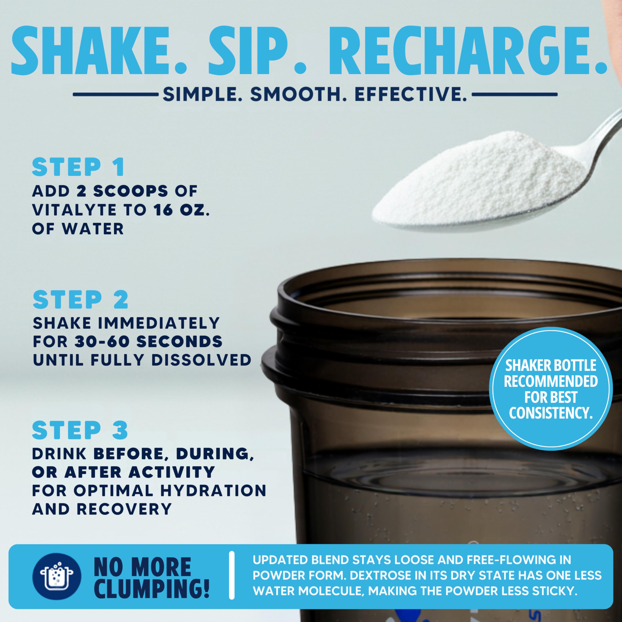 Vitalyte scoop pouring powder into glass to dissolve quickly.