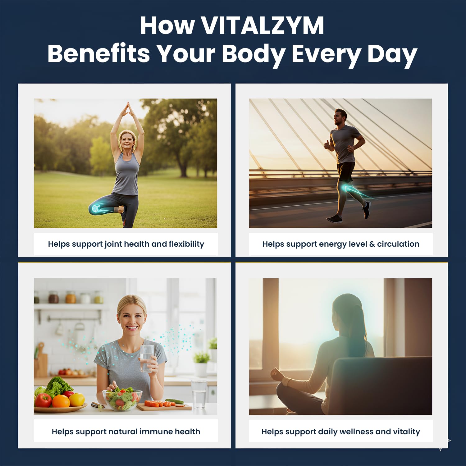 Vitalzym capsules shown for joint support in daily use.