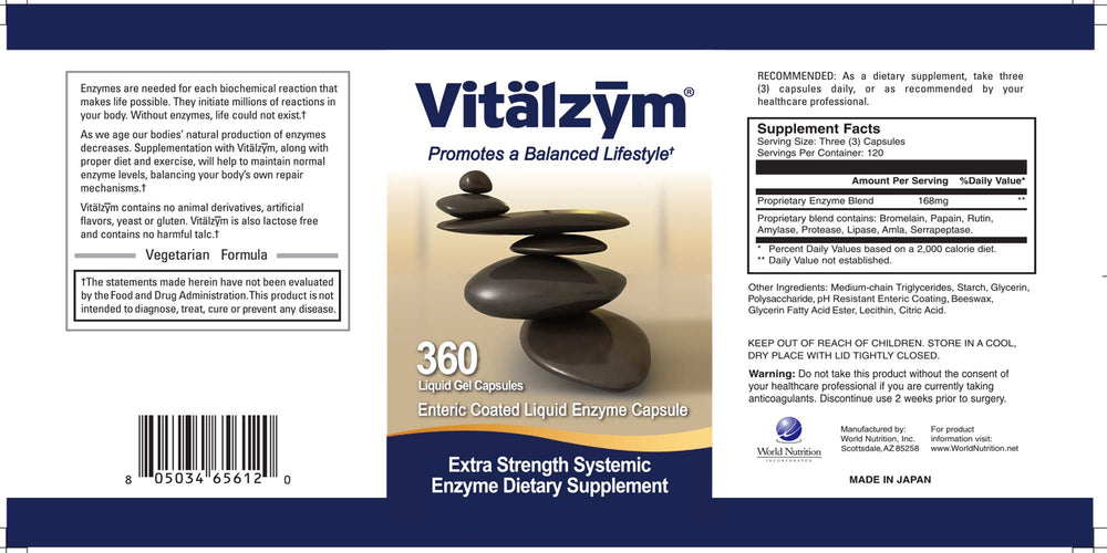 VITÄLZYM bottle pour shows easy-to-swallow soft gels for daily use.