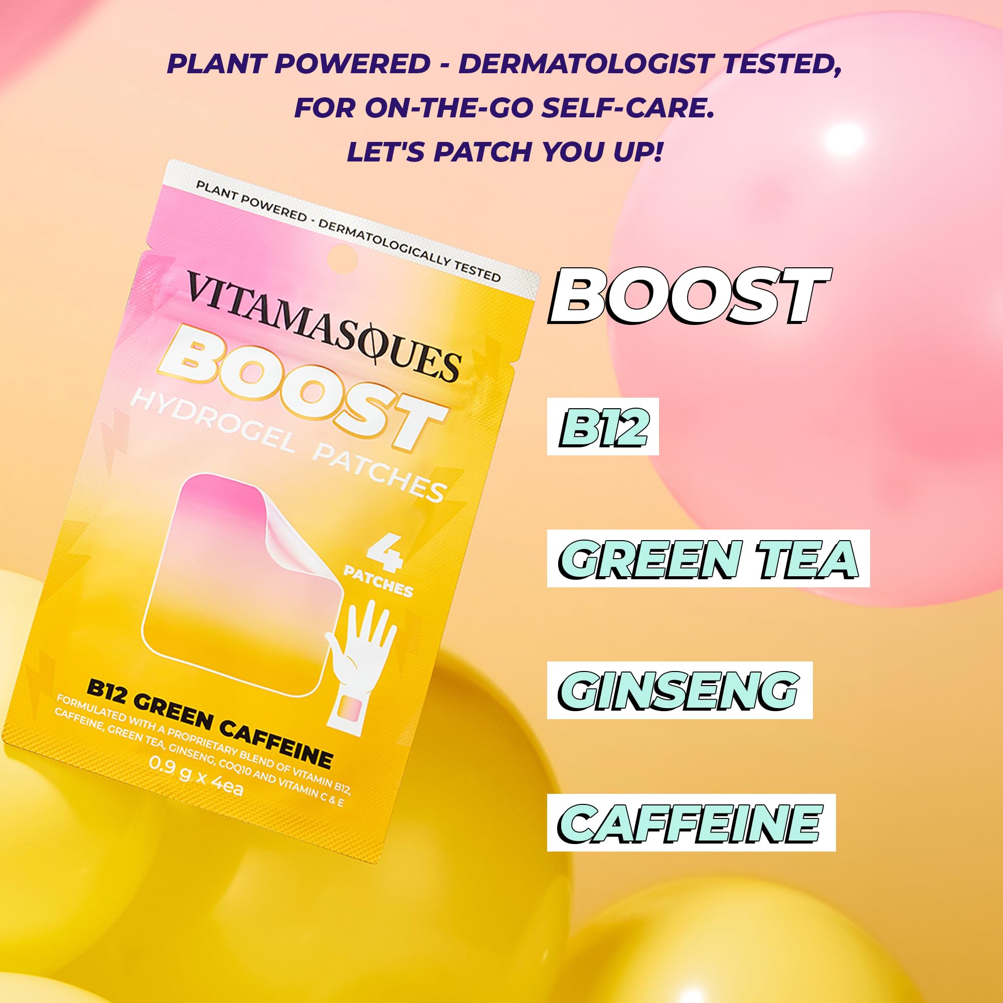 Vitamasques green tea and B12 patches applied to skin for a refreshing energy lift.