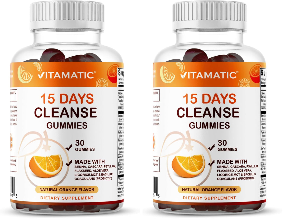 Vitamatic 15 Day Cleanse Gummies bottle closeup showing the product for digestive support.