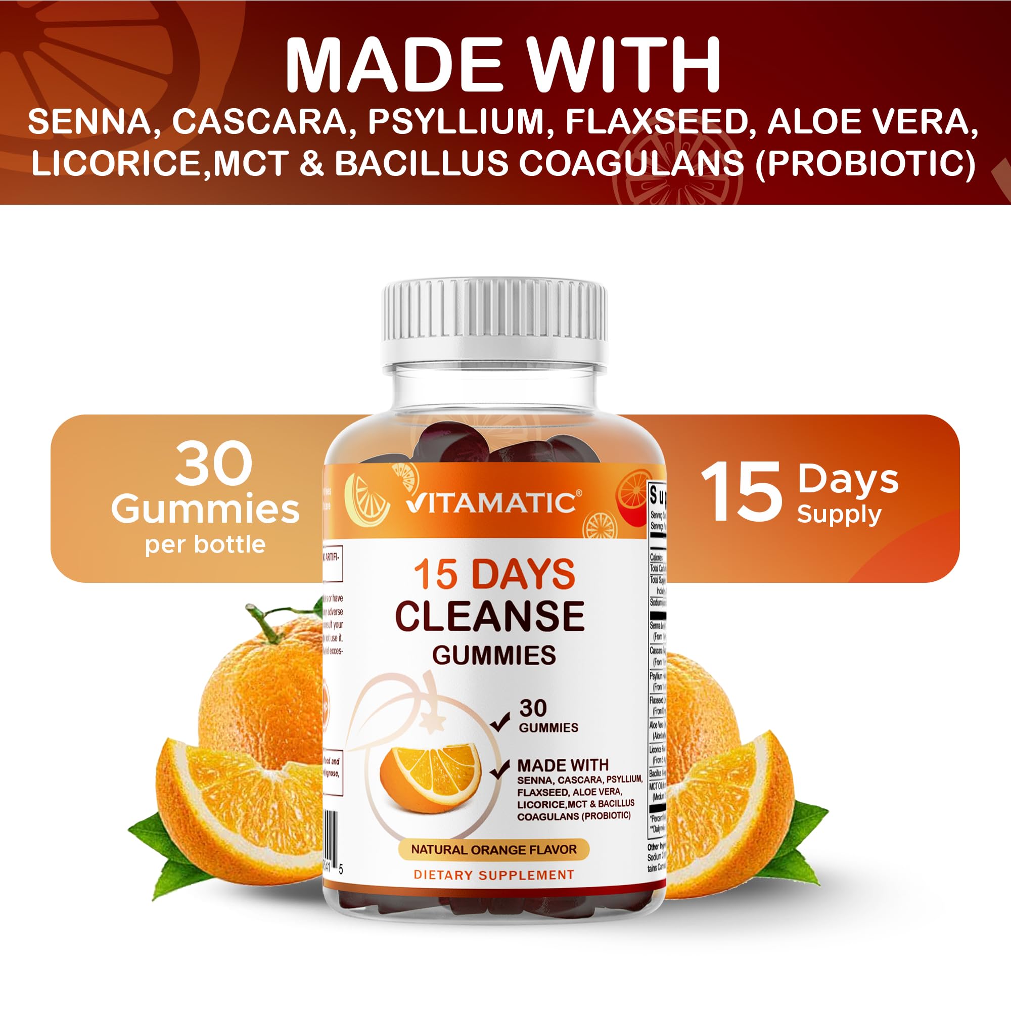 Vitamatic 15 Day Cleanse Gummies label detail for ingredient transparency.