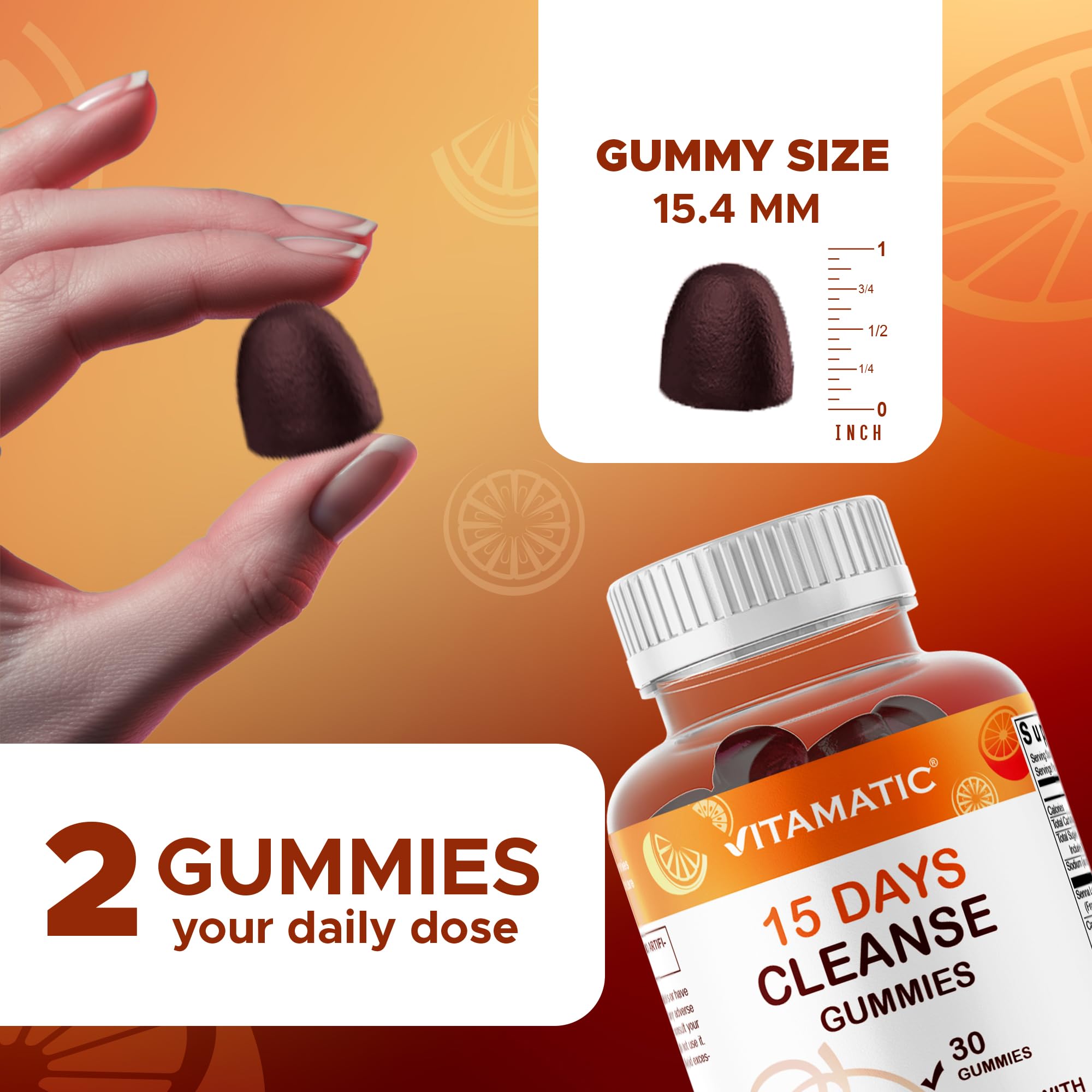Vitamatic 15 Day Cleanse Gummies texture closeup emphasizing chewy consistency.