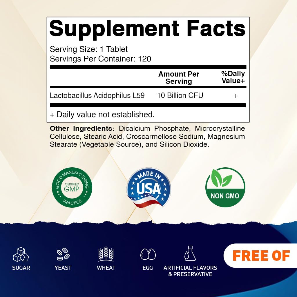 Vitamatic acidophilus bottle back with potency and usage guidance for routine digestion support.