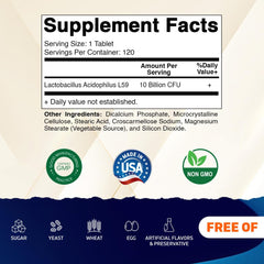 Vitamatic acidophilus bottle back with potency and usage guidance for routine digestion support.