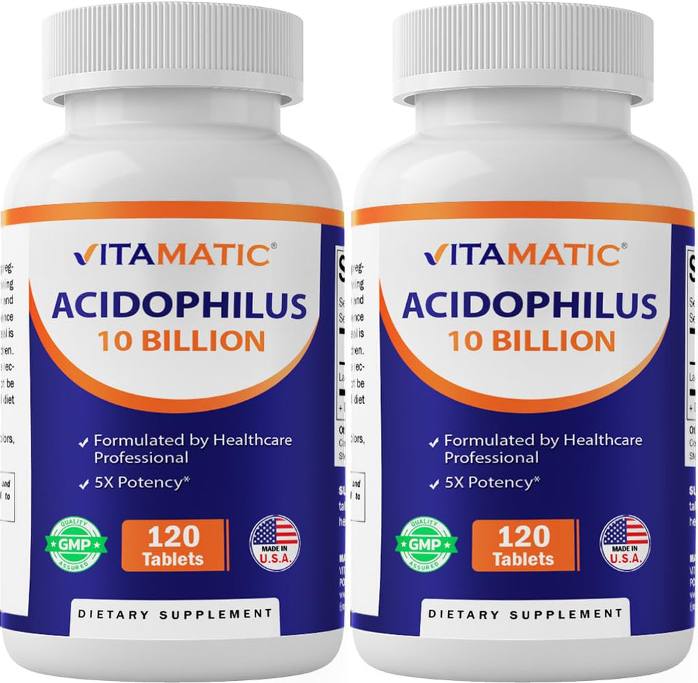 Vitamatic acidophilus bottle front showing daily probiotic dosage for digestive balance.