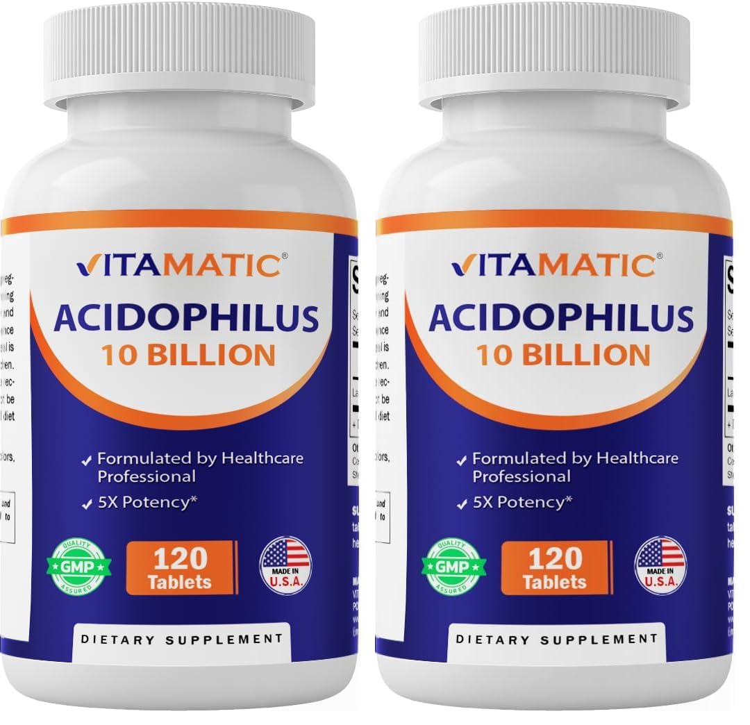 Vitamatic Acidophilus probiotic bottle front showing 10B CFU potency for daily balance