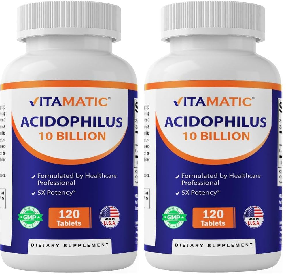Vitamatic Acidophilus probiotic bottle front showing 10B CFU potency for daily balance