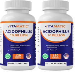 Vitamatic Acidophilus probiotic bottle front showing 10B CFU potency for daily balance