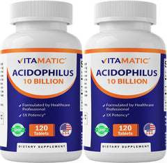 Vitamatic acidophilus bottle front showing daily probiotic dosage for digestive balance.