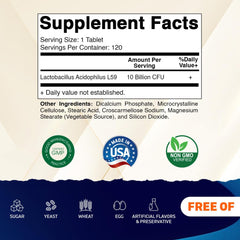 Close look at Vitamatic Acidophilus bottle label highlighting vegan, gluten-free, non-GMO