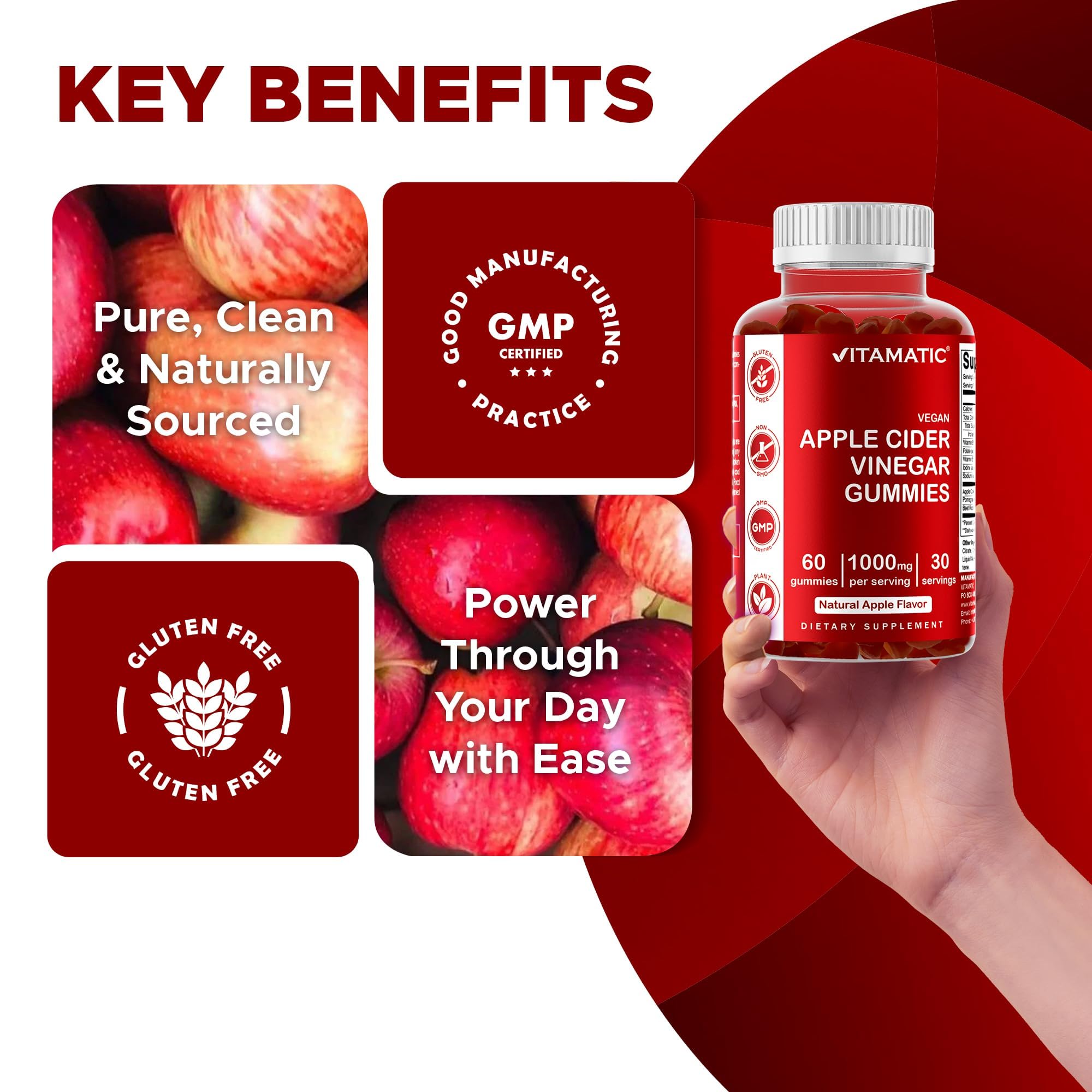 Vitamatic ACV Gummies 1000 mg per serving on label illustration.