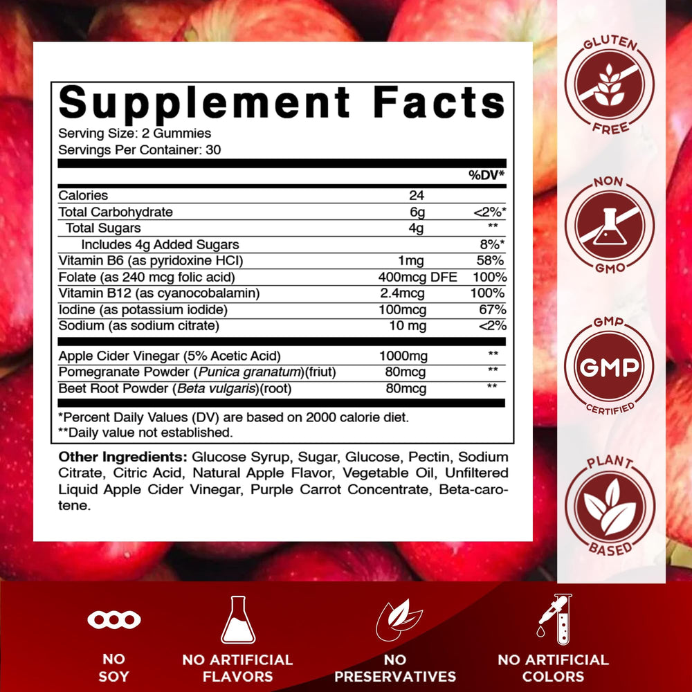 Vitamatic ACV Gummies texture close-up highlighting glossy chewy apple flavor.