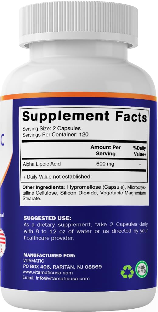 Vitamatic Alpha Lipoic Acid bottle cap and label detail.