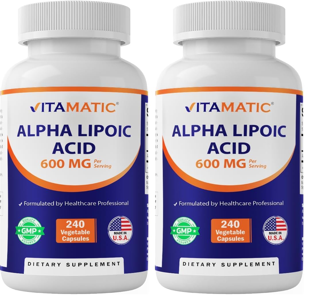 Vitamatic Alpha Lipoic Acid capsules bottle with high-potency antioxidant support.