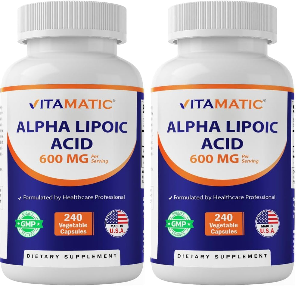 Vitamatic Alpha Lipoic Acid capsules bottle with high-potency antioxidant support.