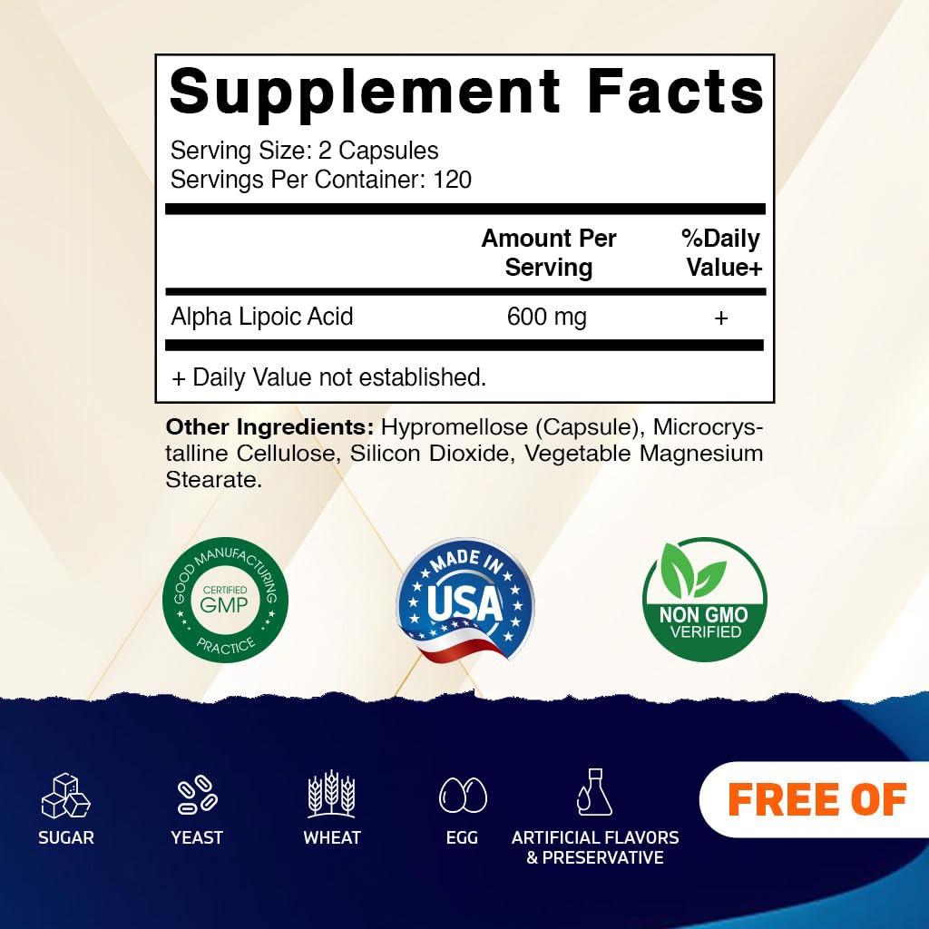 Vitamatic Alpha Lipoic Acid capsules closeup showing 600 mg per serving.