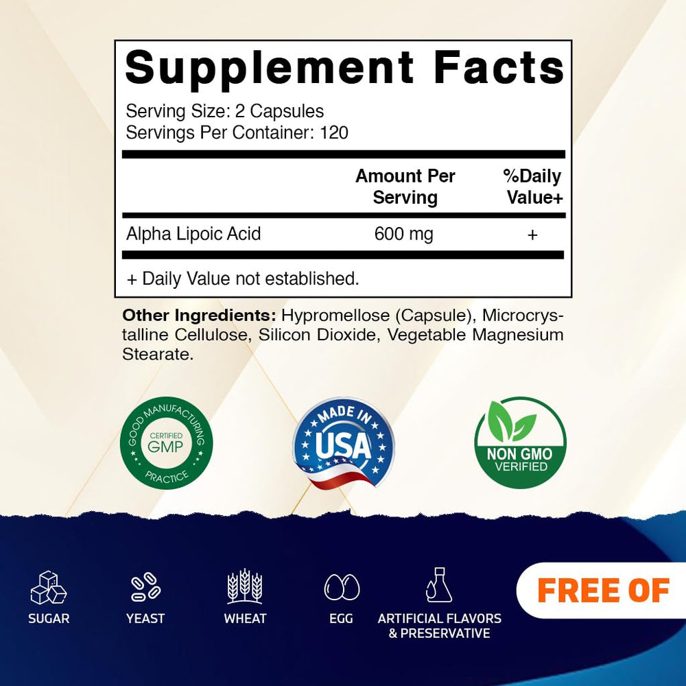 Vitamatic Alpha Lipoic Acid capsules closeup showing 600 mg per serving.
