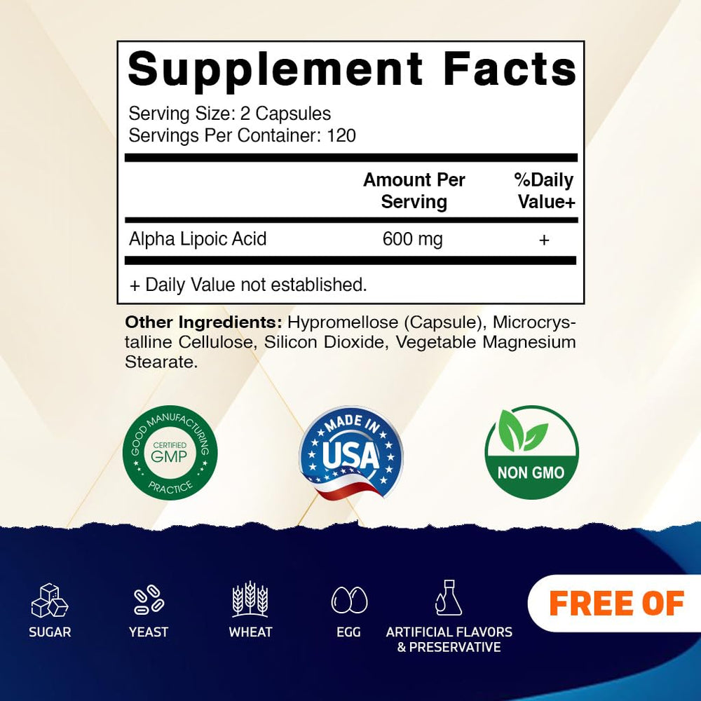 Vitamatic Alpha Lipoic Acid 600mg capsules close-up highlighting the capsules.