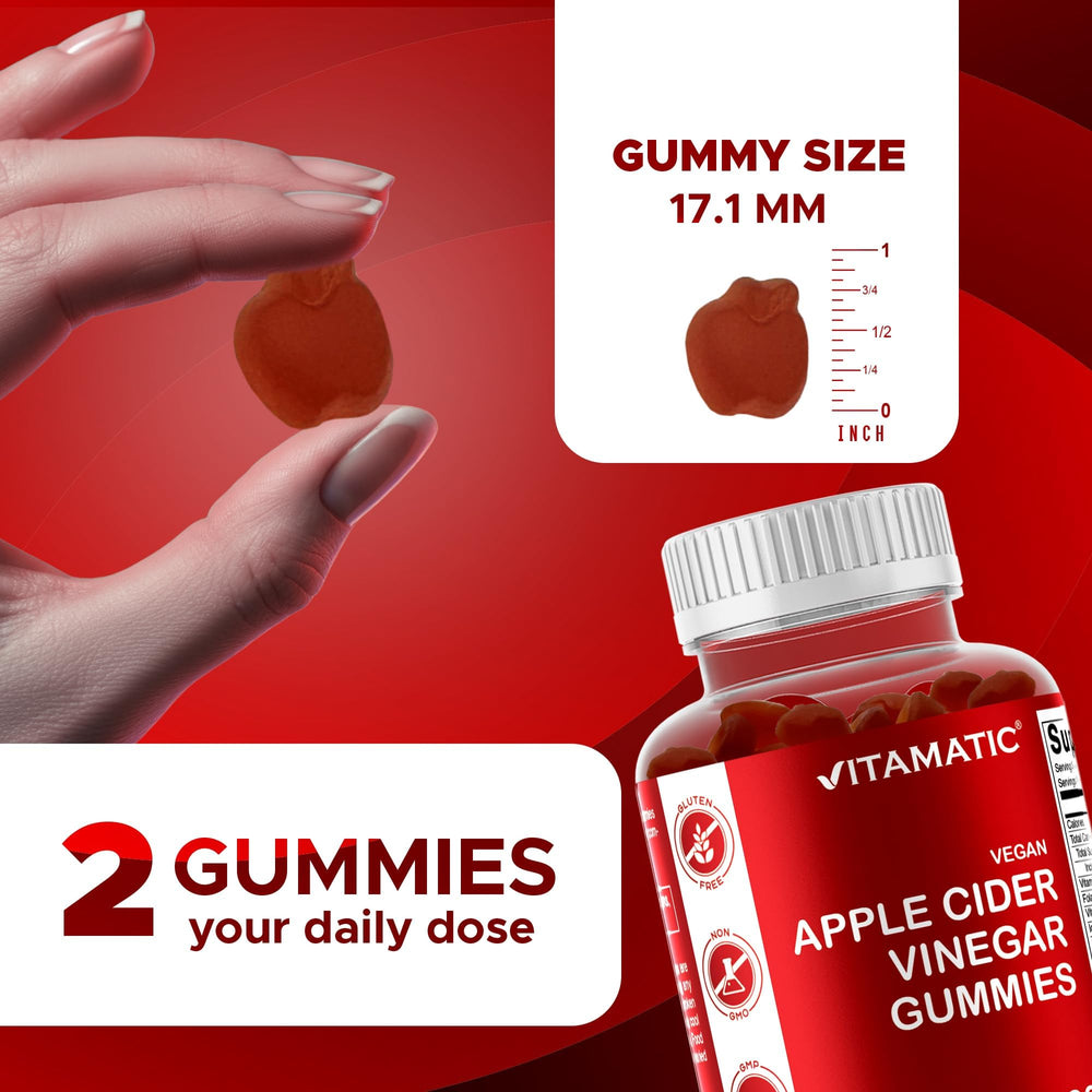 Vitamatic Apple Cider Vinegar Gummies bottle on white backdrop with clean label.