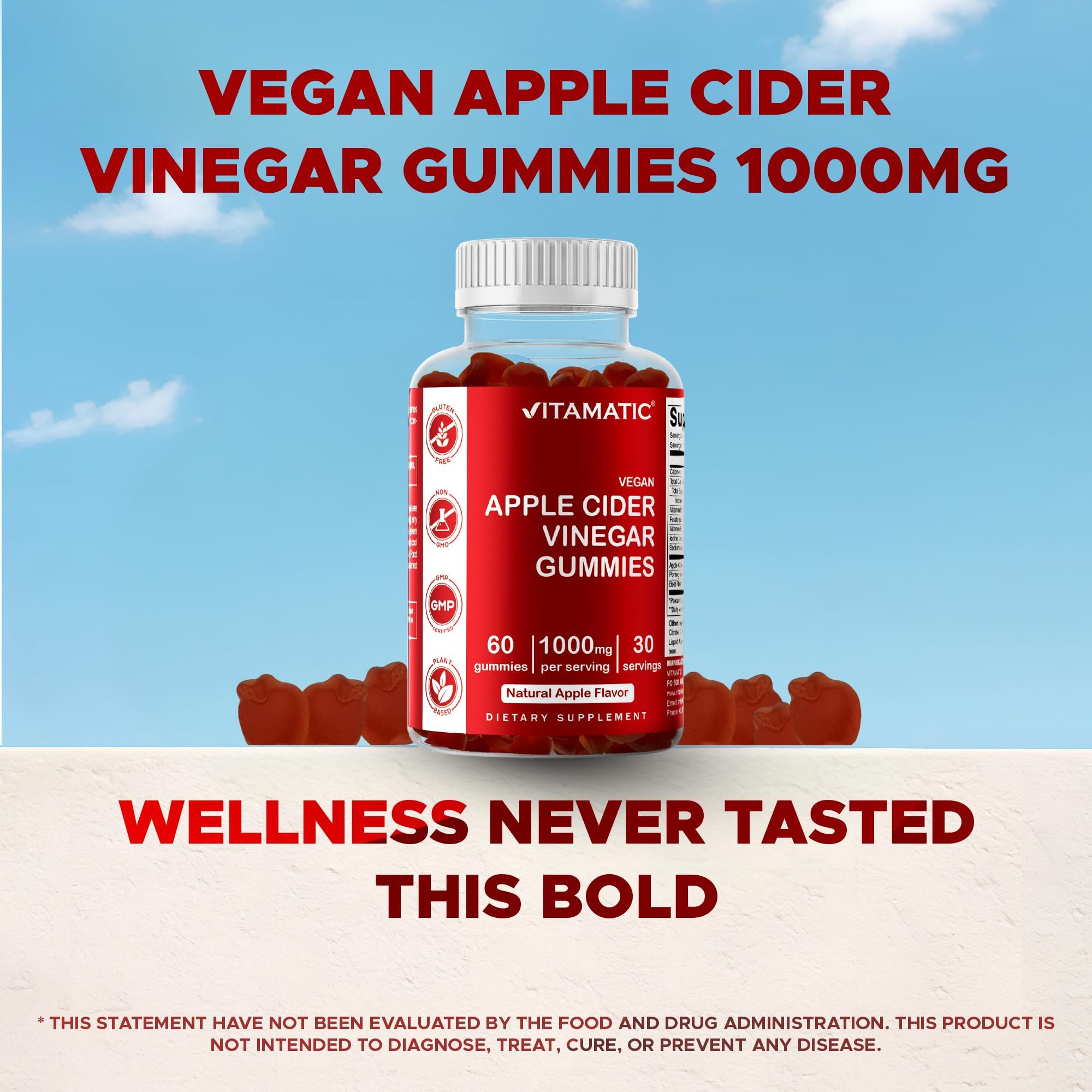 Vitamatic Apple Cider Vinegar Gummies with beet root and iodine symbols.
