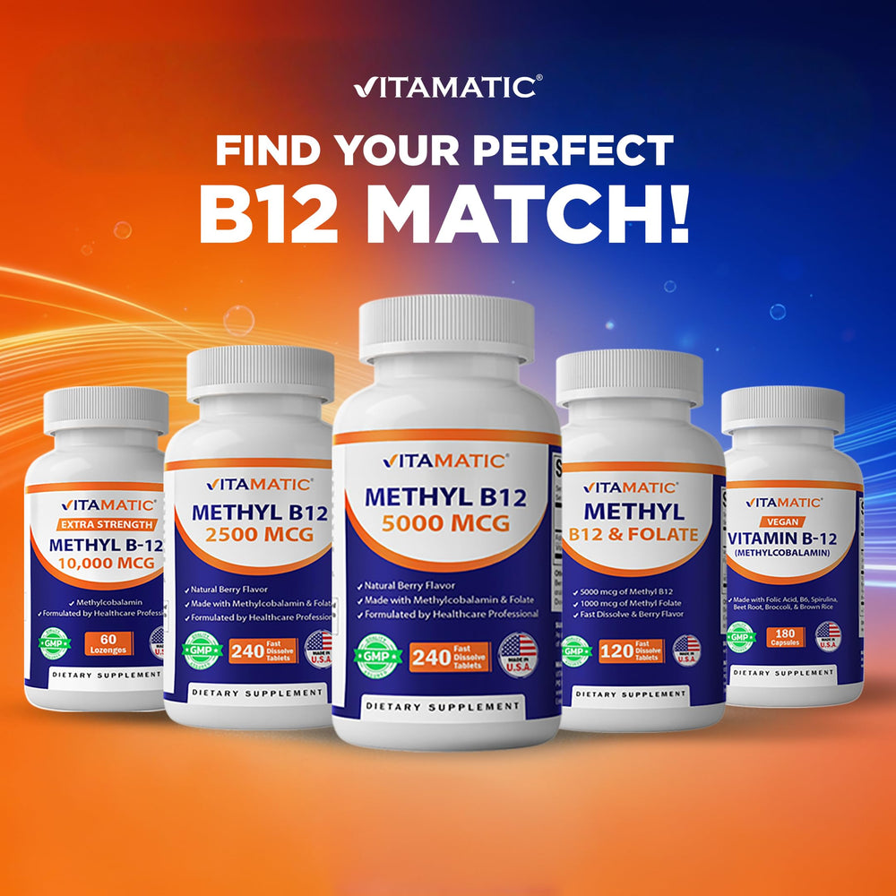 Vitamatic B12 5000 mcg, envase frontal con frambuesa y branding.