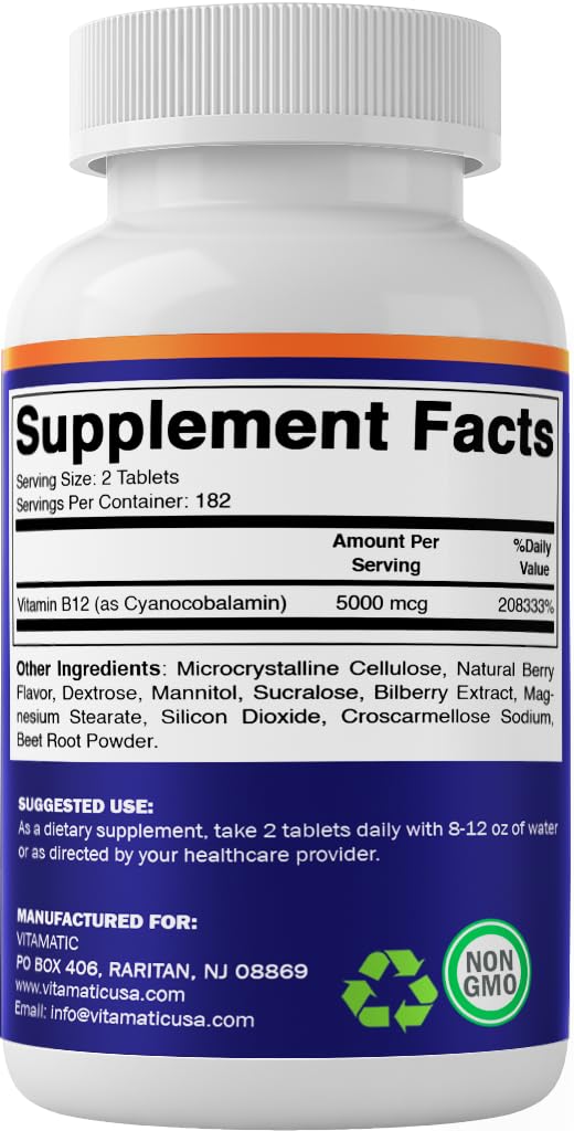 Vitamatic B12 5000 mcg, sin OGMs, frambuesa y fórmula limpia.