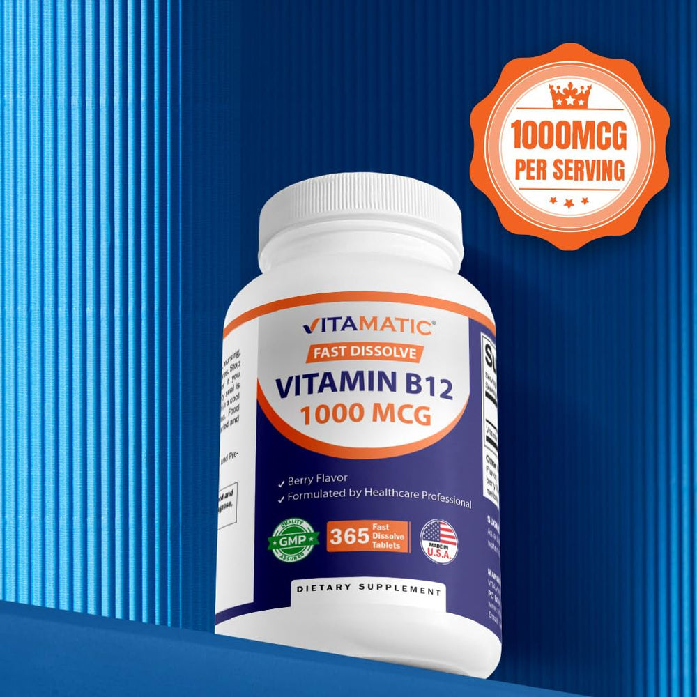 Vitamatic B12 berry bottle front showing flavor and brand