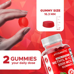 Vitamatic B12 gummies closeup showing natural cherry flavor.